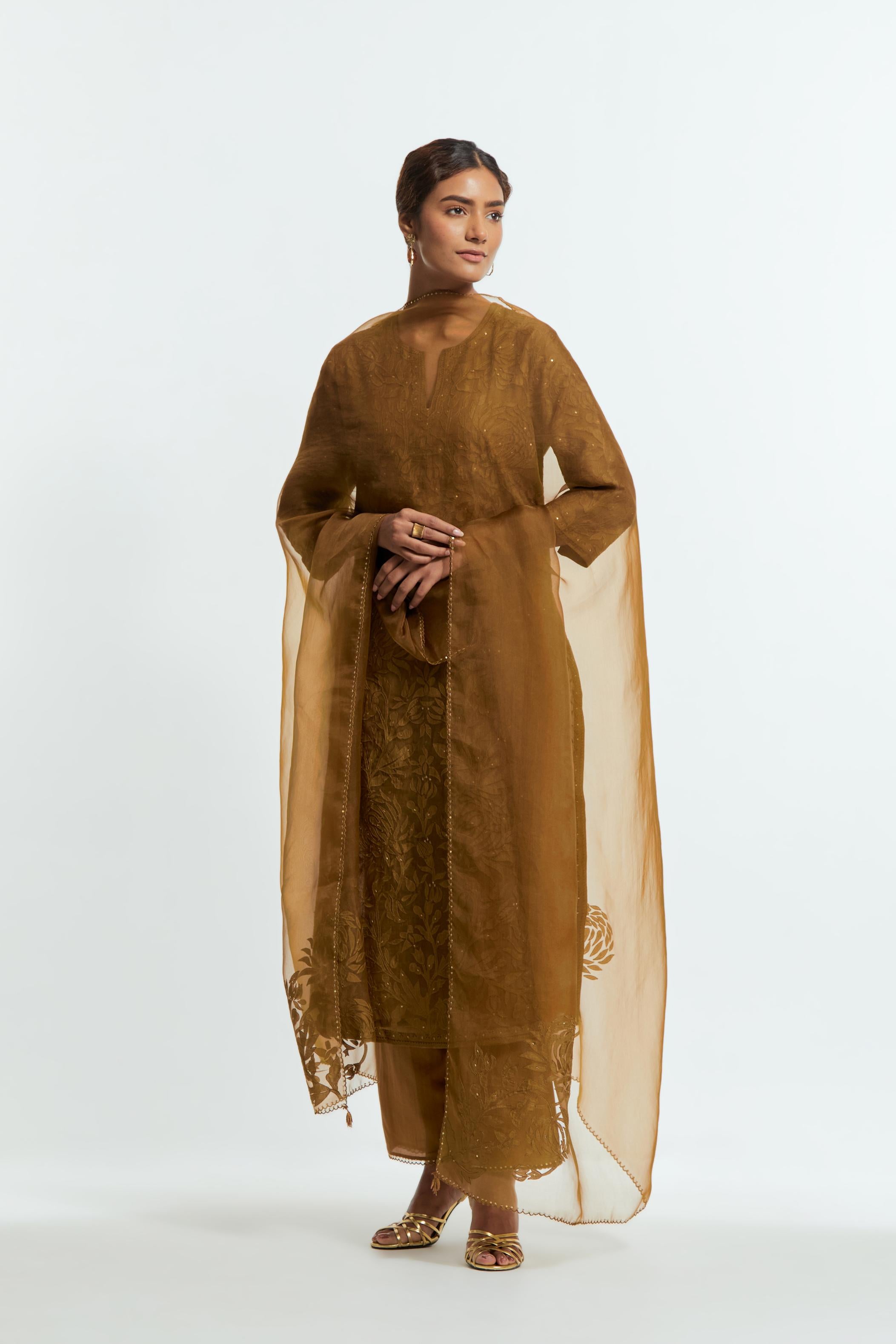 Olive silk organza dupatta adorned with appliqué chrysanthemum floral motifs along all four borders, delicately highlighted with subtle sequins.