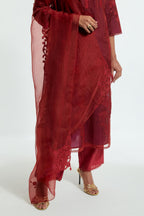 Red silk organza dupatta featuring silk appliqué embroidery, delicately highlighted with subtle sequins.