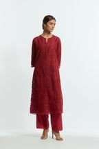 Red silk organza straight kurta set featuring an all-over silk appliqué trellis jaal, delicately highlighted with subtle sequins.