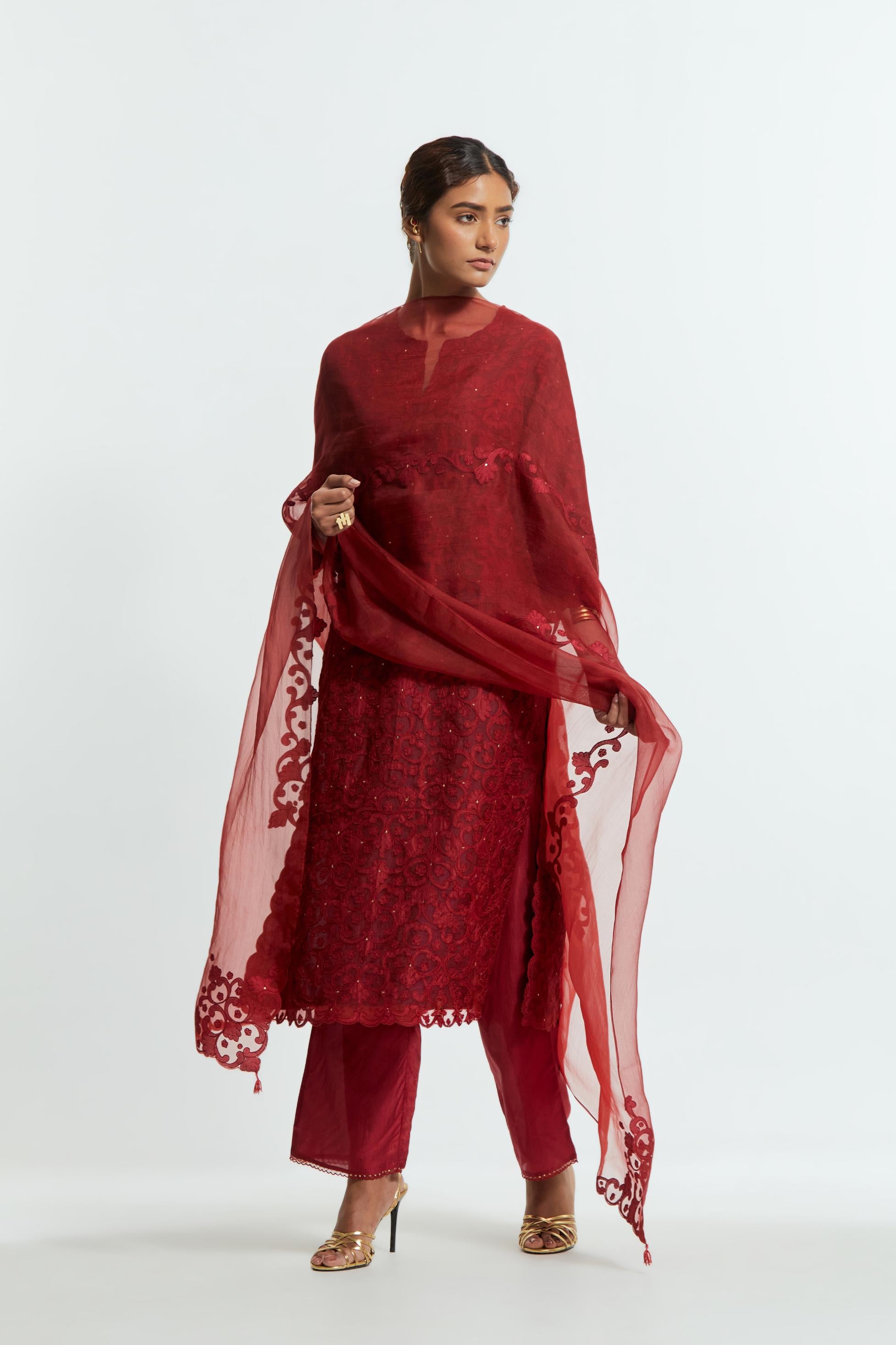 Red silk organza straight kurta set featuring an all-over silk appliqué trellis jaal, delicately highlighted with subtle sequins.