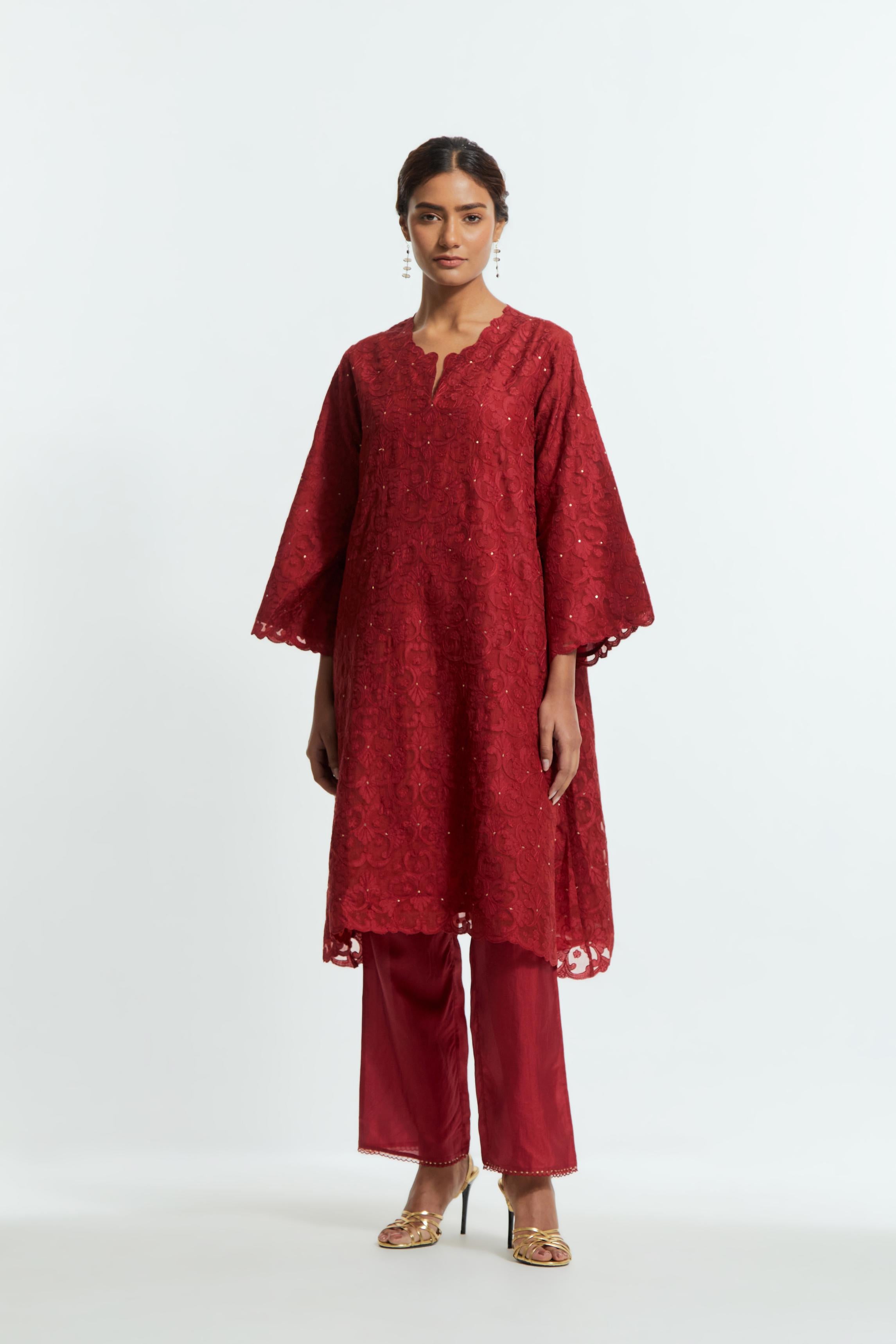 Red silk organza easy-fit short kurta set with a straight hem, featuring an all-over trellis jaal appliqué, delicately highlighted with subtle sequins.