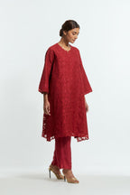 Red silk organza easy-fit short kurta set with a straight hem, featuring an all-over trellis jaal appliqué, delicately highlighted with subtle sequins.