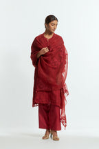 Red silk organza easy-fit short kurta set with a straight hem, featuring an all-over trellis jaal appliqué, delicately highlighted with subtle sequins.