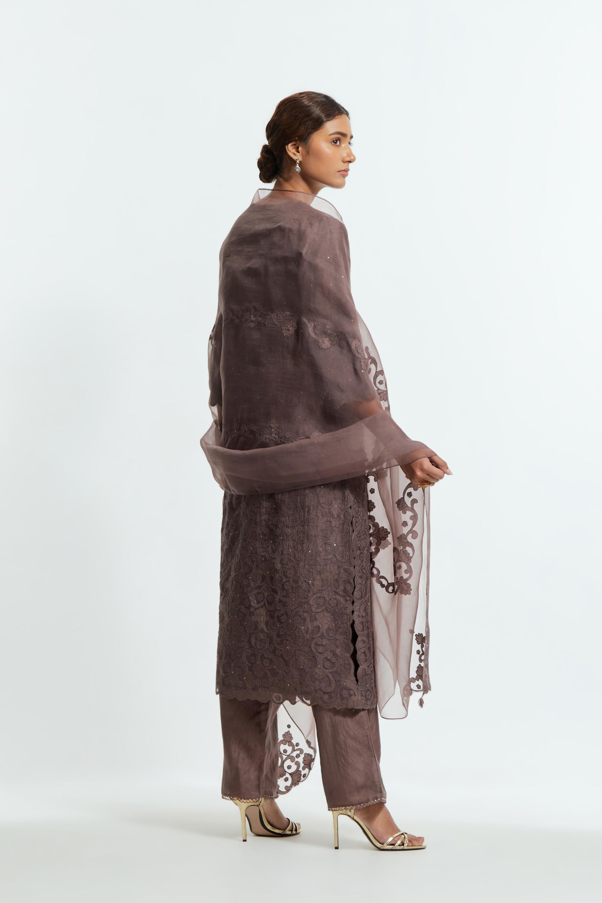 Grey silk organza dupatta featuring silk appliqué embroidery, delicately highlighted with subtle sequins.