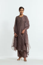 Grey silk organza straight kurta set featuring an all-over silk appliqué trellis jaal, delicately highlighted with subtle sequins.