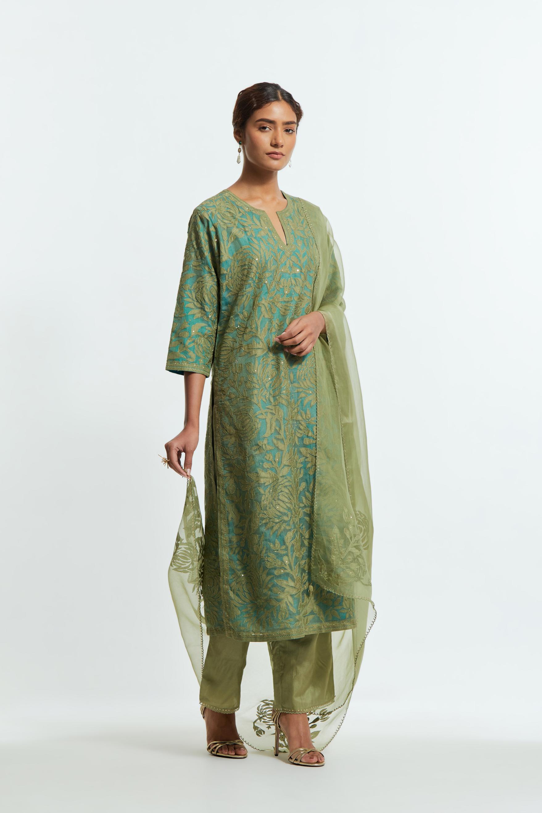Green silk organza straight kurta set featuring an all-over silk appliqué trellis jaal, delicately highlighted with subtle sequins.