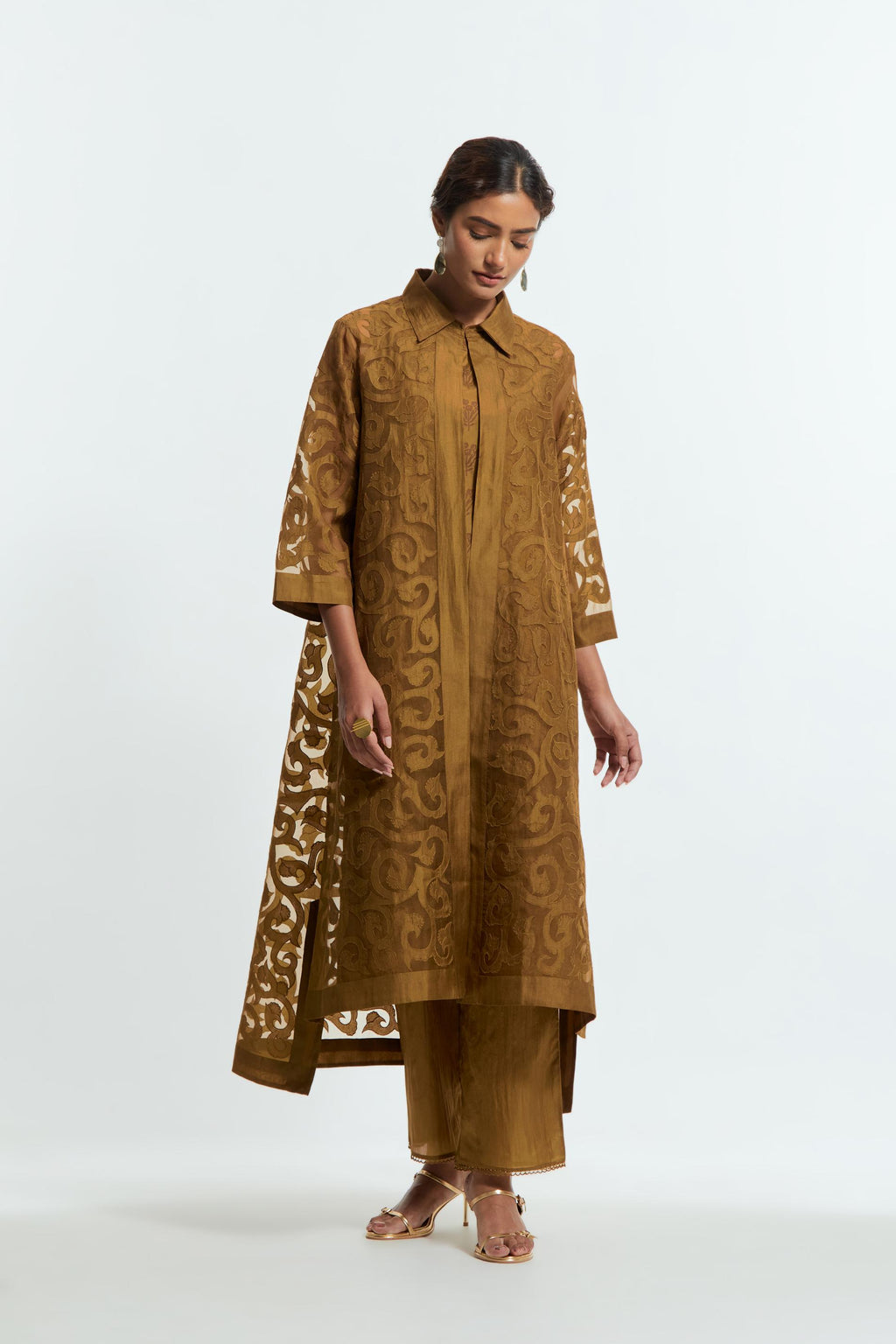 Olive Sheer overlay set in silk organza with a shirt collar, highlighted with all-over silk appliqué trellis jaal.