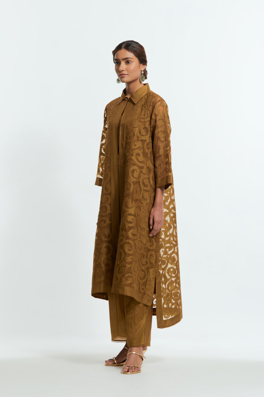 Olive Sheer overlay set in silk organza with a shirt collar, highlighted with all-over silk appliqué trellis jaal.