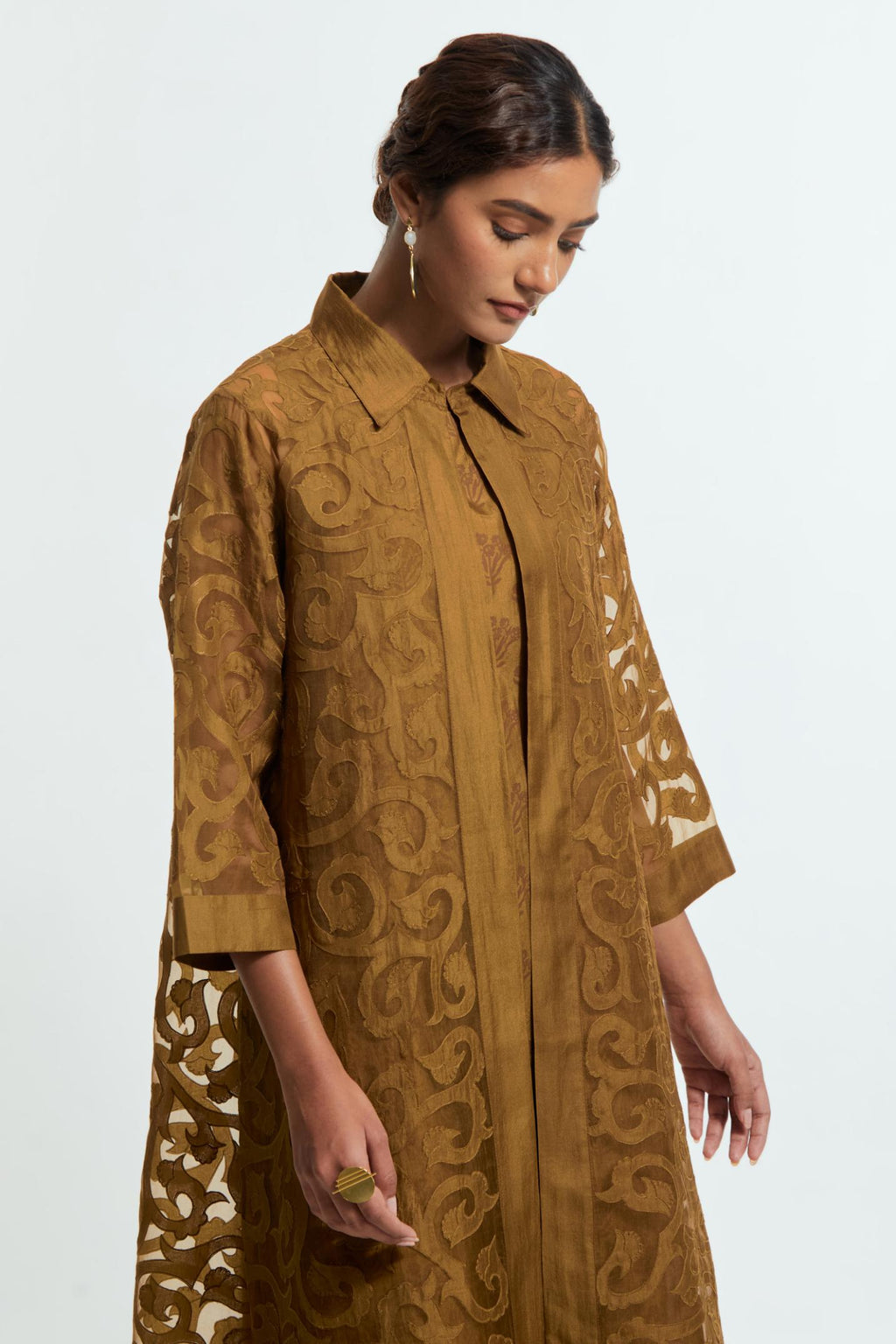 Olive Sheer overlay set in silk organza with a shirt collar, highlighted with all-over silk appliqué trellis jaal.