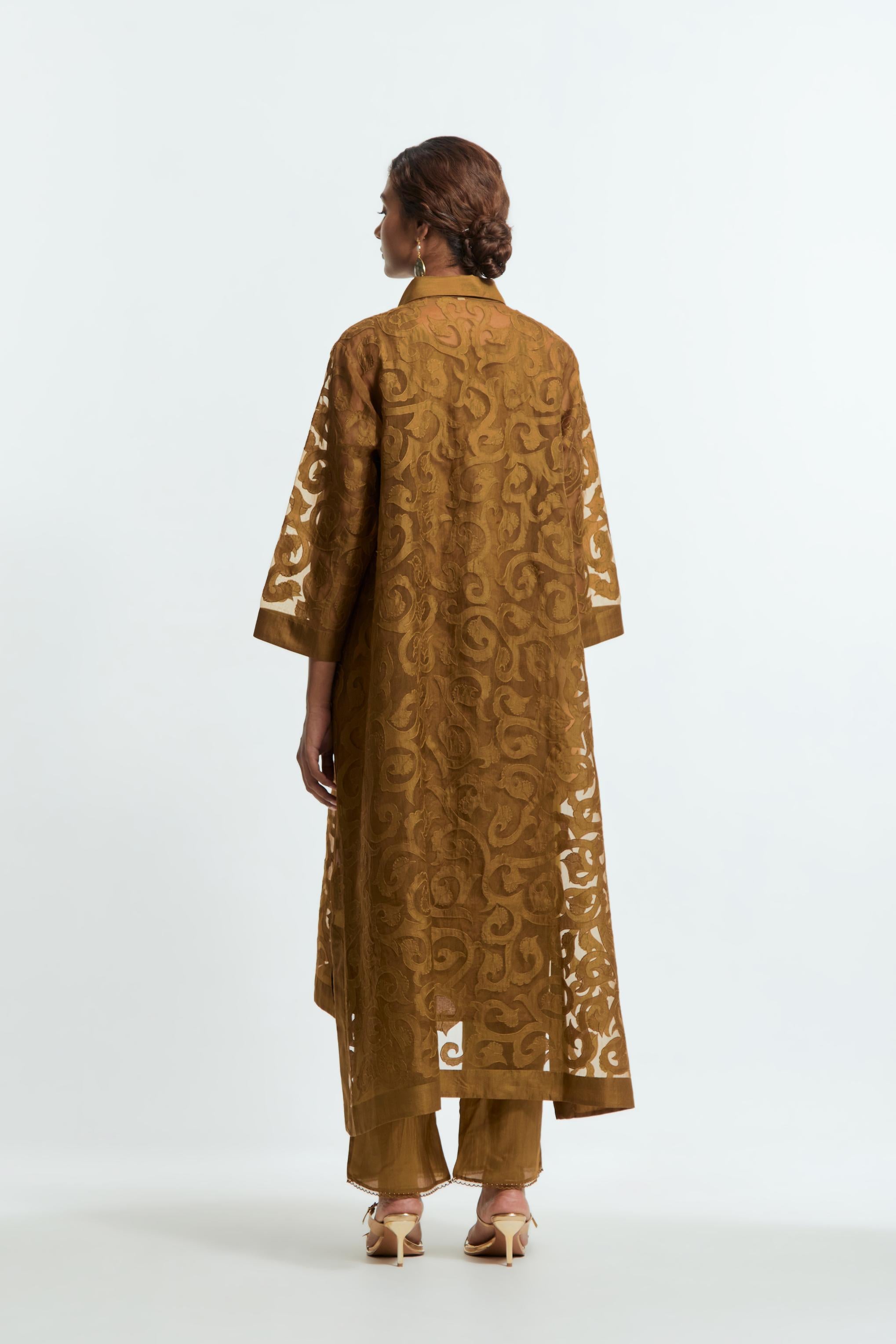 Olive Sheer overlay set in silk organza with a shirt collar, highlighted with all-over silk appliqué trellis jaal.