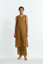 Olive silk organza straight kurta set featuring an all-over silk appliqué trellis jaal, delicately highlighted with aari thread work.
