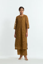 Olive silk organza straight kurta set featuring an all-over silk appliqué trellis jaal, delicately highlighted with aari thread work.