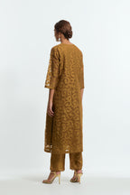 Olive silk organza straight kurta set featuring an all-over silk appliqué trellis jaal, delicately highlighted with aari thread work.