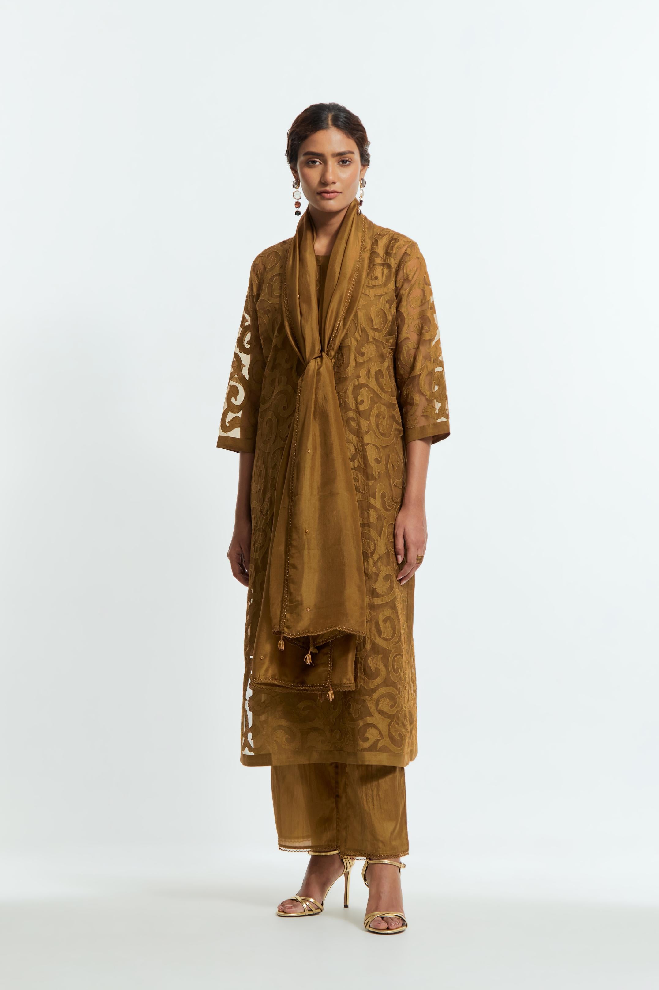Olive light silk dupatta featuring all-over floral embroidered small bootis and finished with delicate scalloped edges.