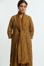 Olive light silk dupatta featuring all-over floral embroidered small bootis and finished with delicate scalloped edges.