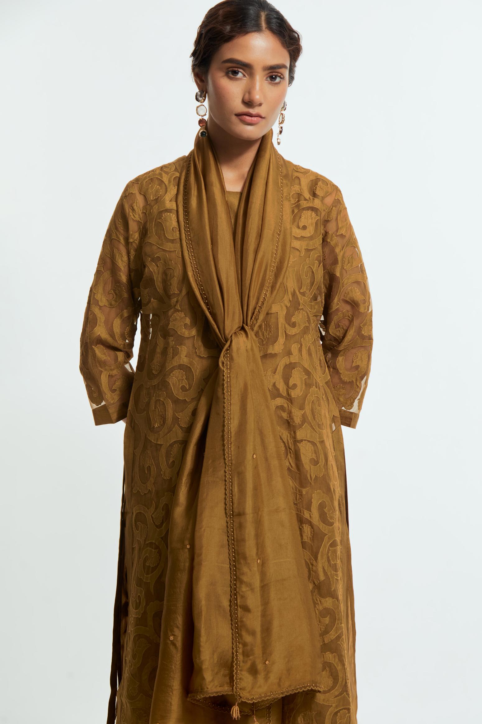 Olive light silk dupatta featuring all-over floral embroidered small bootis and finished with delicate scalloped edges.