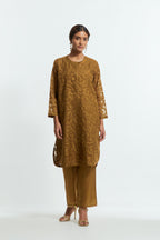 Olive silk organza easy-fit short kurta set adorned with an all-over silk appliqué trellis jaal, delicately highlighted with aari thread embroidery.