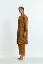 Olive silk organza easy-fit short kurta set adorned with an all-over silk appliqué trellis jaal, delicately highlighted with aari thread embroidery.