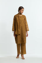 Olive light silk stole featuring bird motif appliqué embroidery at all four corners.