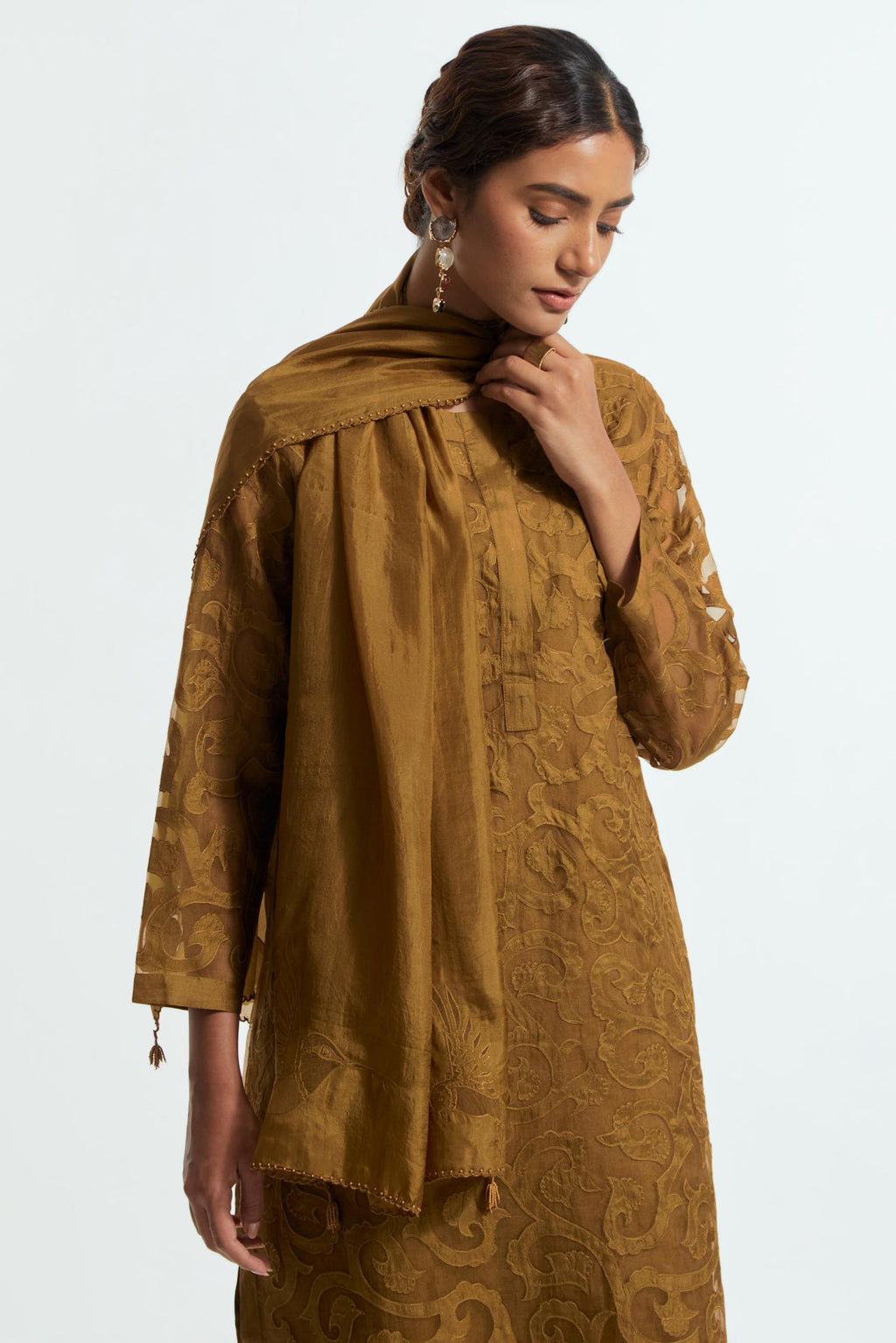 Olive light silk stole featuring bird motif appliqué embroidery at all four corners.