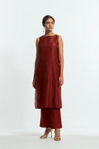 Red Sheer overlay set in silk organza with a shirt collar, highlighted with all-over silk appliqué trellis jaal.