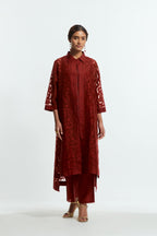 Red Sheer overlay set in silk organza with a shirt collar, highlighted with all-over silk appliqué trellis jaal.