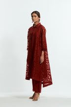 Red Sheer overlay set in silk organza with a shirt collar, highlighted with all-over silk appliqué trellis jaal.