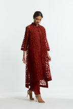Red Sheer overlay set in silk organza with a shirt collar, highlighted with all-over silk appliqué trellis jaal.