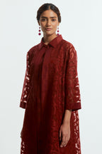 Red Sheer overlay set in silk organza with a shirt collar, highlighted with all-over silk appliqué trellis jaal.