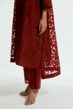 Red Sheer overlay set in silk organza with a shirt collar, highlighted with all-over silk appliqué trellis jaal.