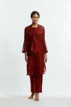 Red light silk stole featuring bird motif appliqué embroidery at all four corners.