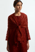 Red light silk stole featuring bird motif appliqué embroidery at all four corners.