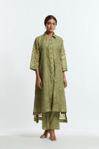 Green Sheer overlay set in silk organza with a shirt collar, highlighted with all-over silk appliqué trellis jaal.