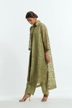 Green Sheer overlay set in silk organza with a shirt collar, highlighted with all-over silk appliqué trellis jaal.