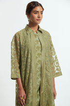 Green Sheer overlay set in silk organza with a shirt collar, highlighted with all-over silk appliqué trellis jaal.