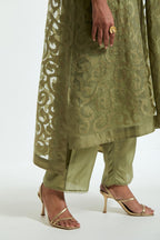 Green Sheer overlay set in silk organza with a shirt collar, highlighted with all-over silk appliqué trellis jaal.