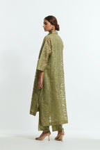 Green Sheer overlay set in silk organza with a shirt collar, highlighted with all-over silk appliqué trellis jaal.