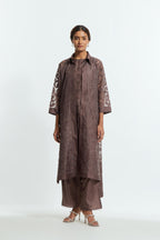 Grey Sheer overlay set in silk organza with a shirt collar, highlighted with all-over silk appliqué trellis jaal.