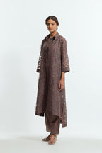 Grey Sheer overlay set in silk organza with a shirt collar, highlighted with all-over silk appliqué trellis jaal.