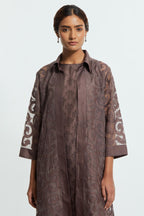 Grey Sheer overlay set in silk organza with a shirt collar, highlighted with all-over silk appliqué trellis jaal.