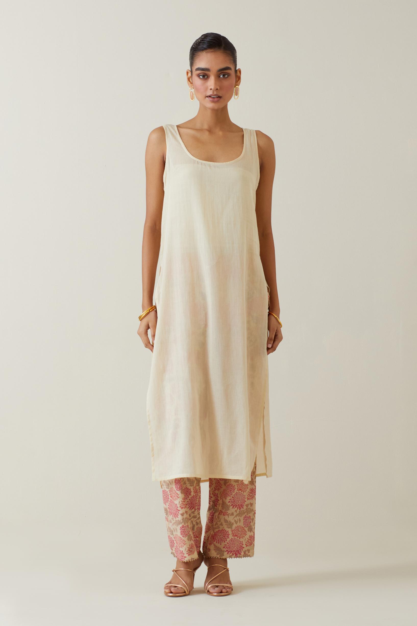 Beige tissue chanderi hand block printed straight kurta set, highlighted with embroidery.