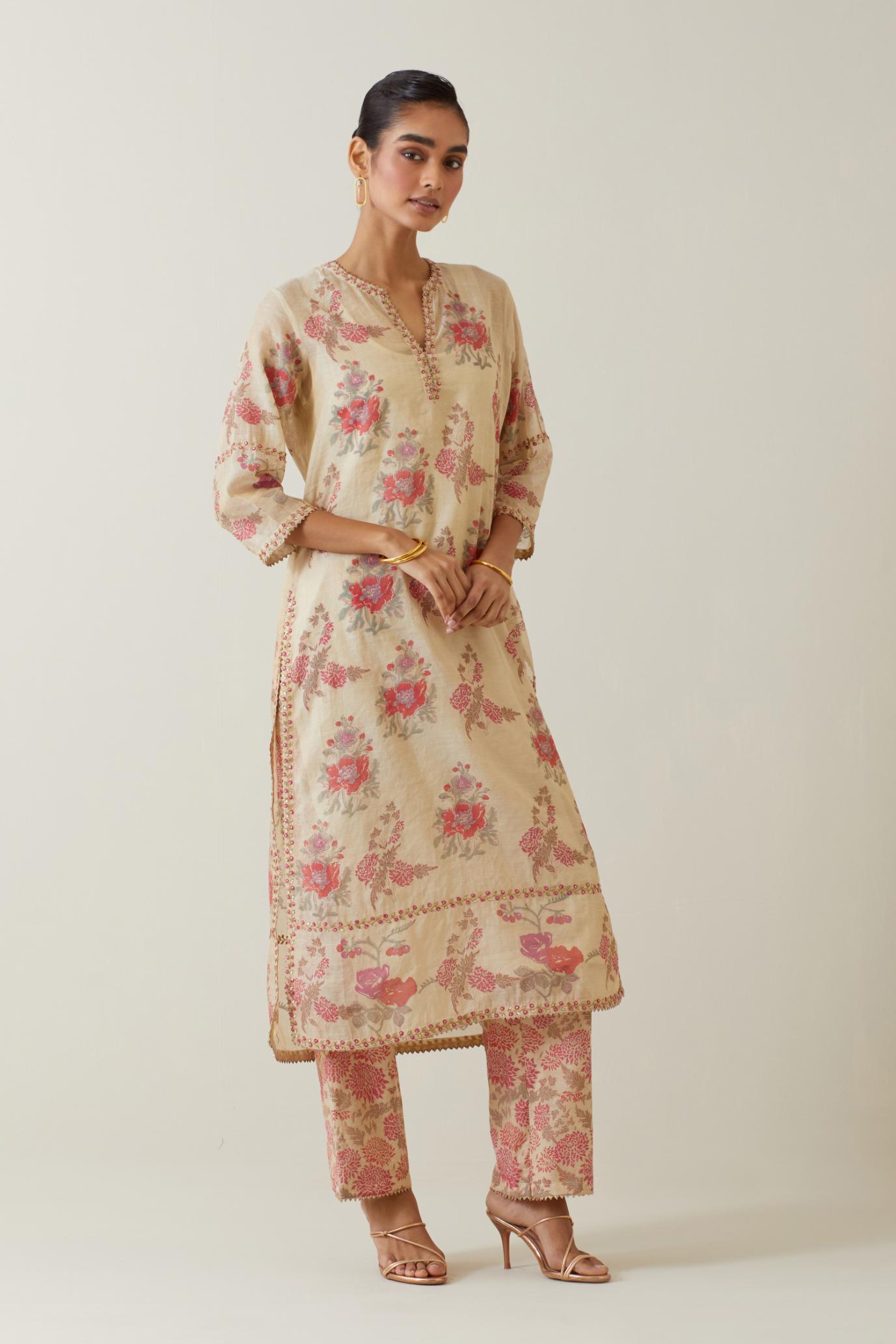 Beige tissue chanderi hand block printed straight kurta set, highlighted with embroidery.