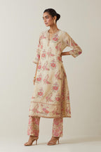 Beige tissue chanderi hand block printed straight kurta set, highlighted with embroidery.
