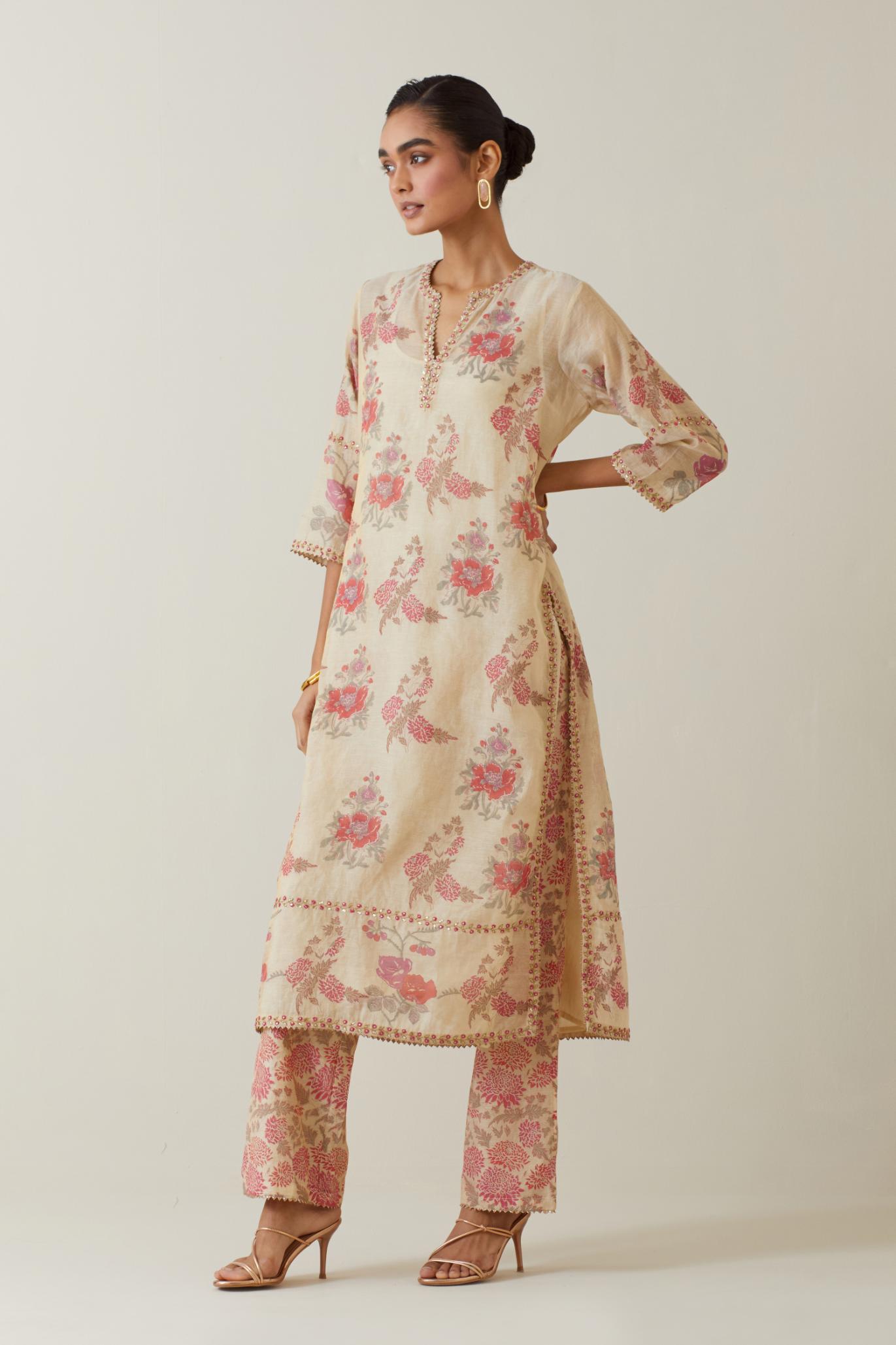Beige tissue chanderi hand block printed straight kurta set, highlighted with embroidery.