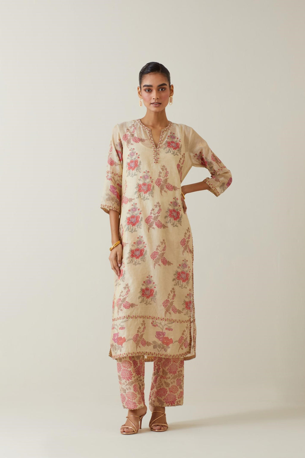 Beige tissue chanderi hand block printed straight kurta set, highlighted with embroidery.