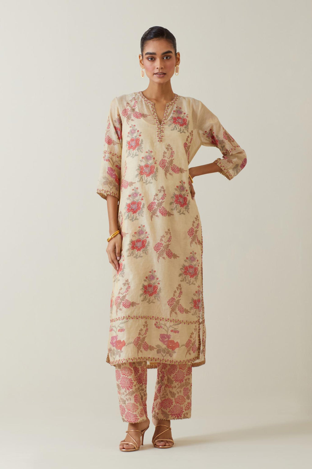 Beige tissue chanderi hand block printed straight kurta set, highlighted with embroidery.