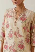 Beige tissue chanderi hand block printed straight kurta set, highlighted with embroidery.