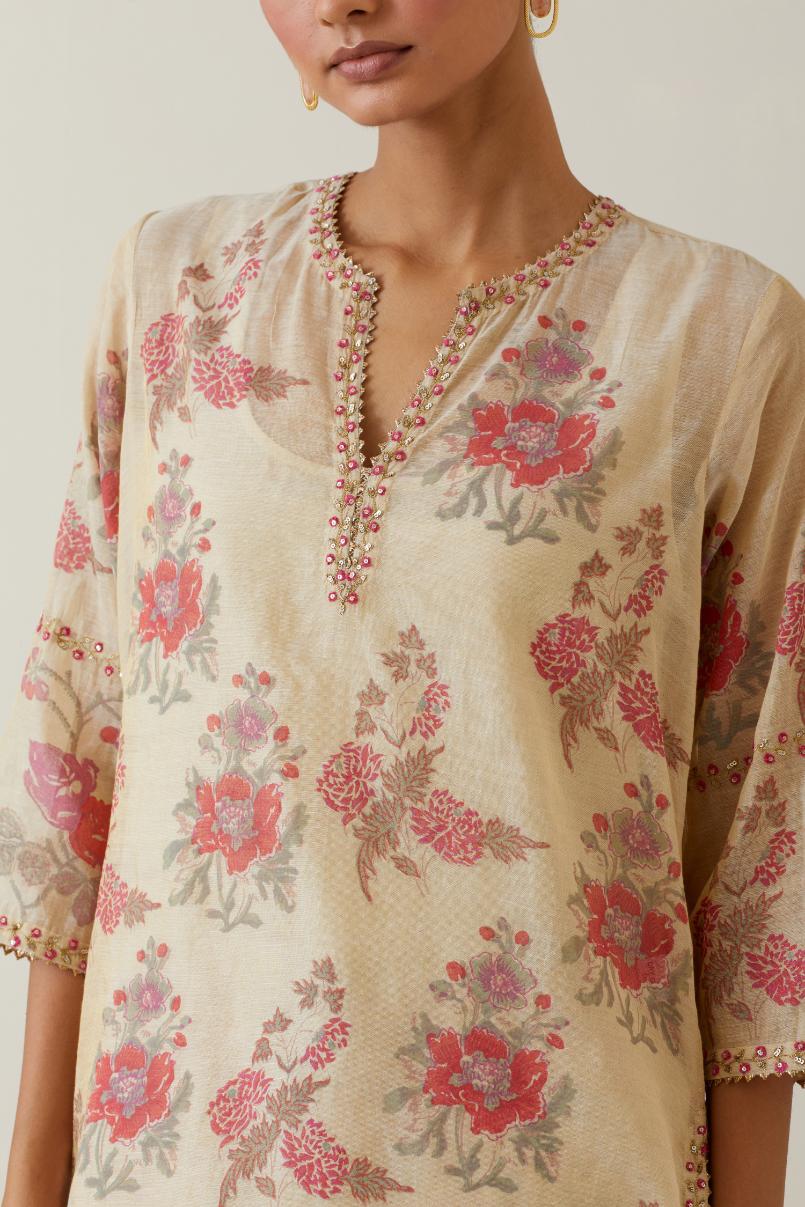 Beige tissue chanderi hand block printed straight kurta set, highlighted with embroidery.