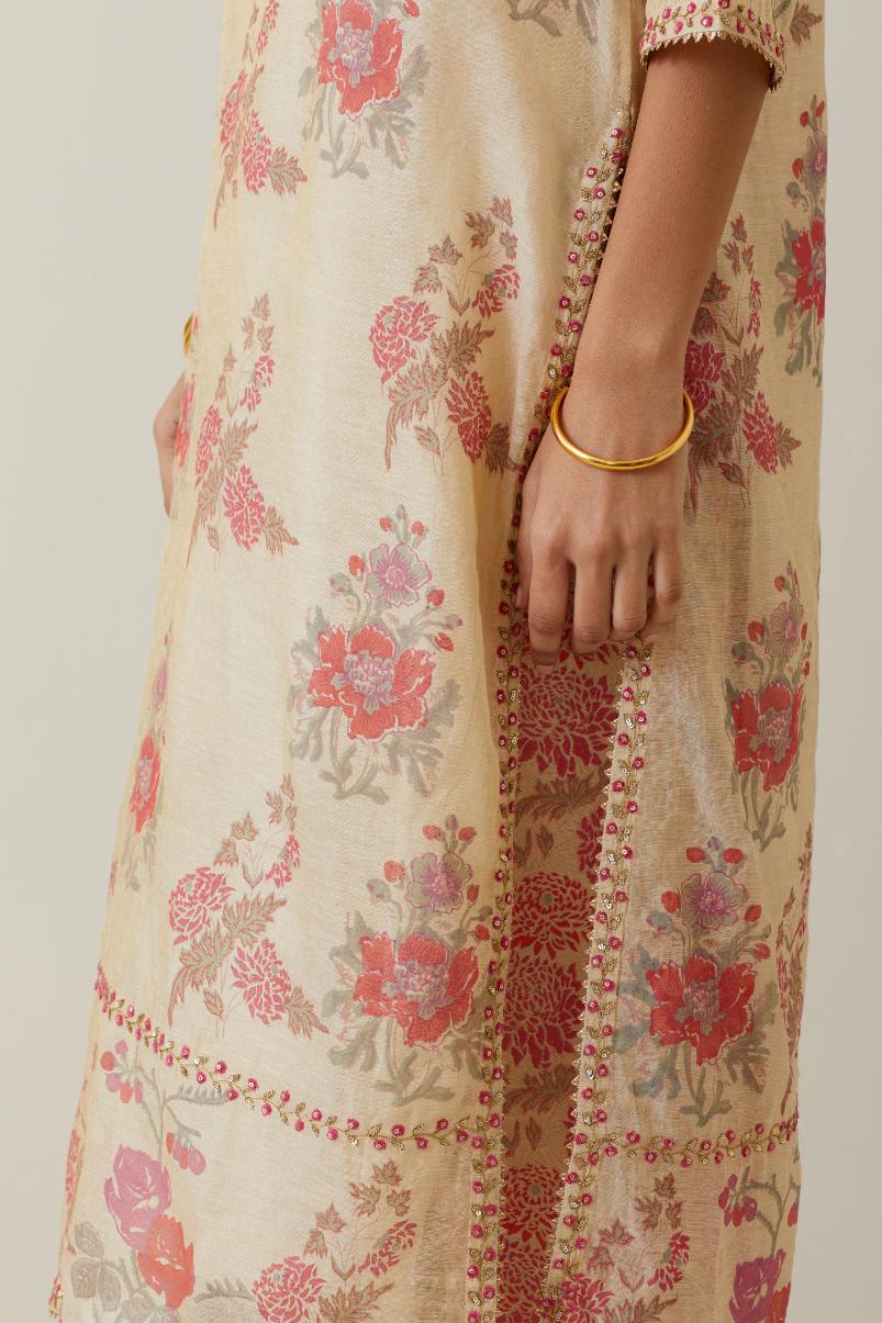 Beige tissue chanderi hand block printed straight kurta set, highlighted with embroidery.