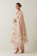 Beige tissue chanderi hand block printed straight kurta set, highlighted with embroidery.